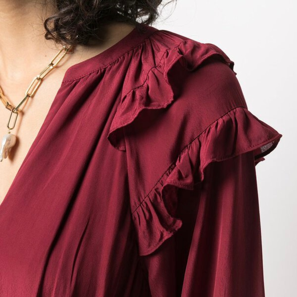 ba&sh Burgundy Midi Dress with Ruffle Shoulders - Picture 4 of 10